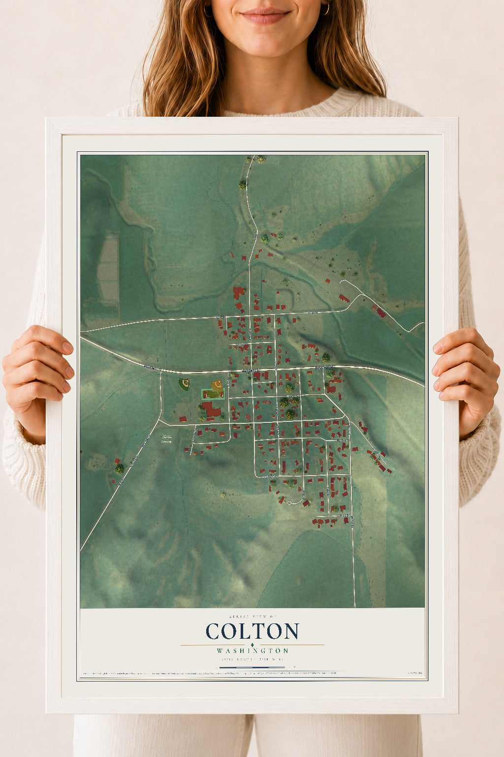 Map of Colton, Washington, 18 x 24 inch print in a white wood frame