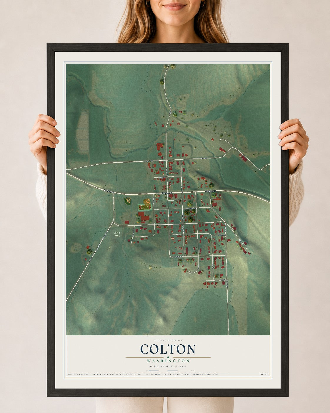 Map of Colton, Washington, 24 x 36 inch print in a black wood frame