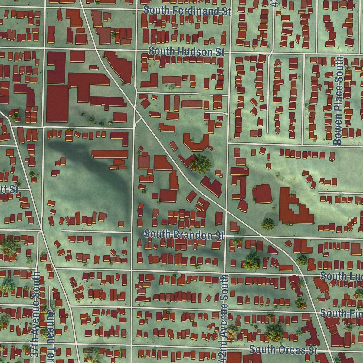 Close-up of the map of Columbia City, Washington print showing street and building detail