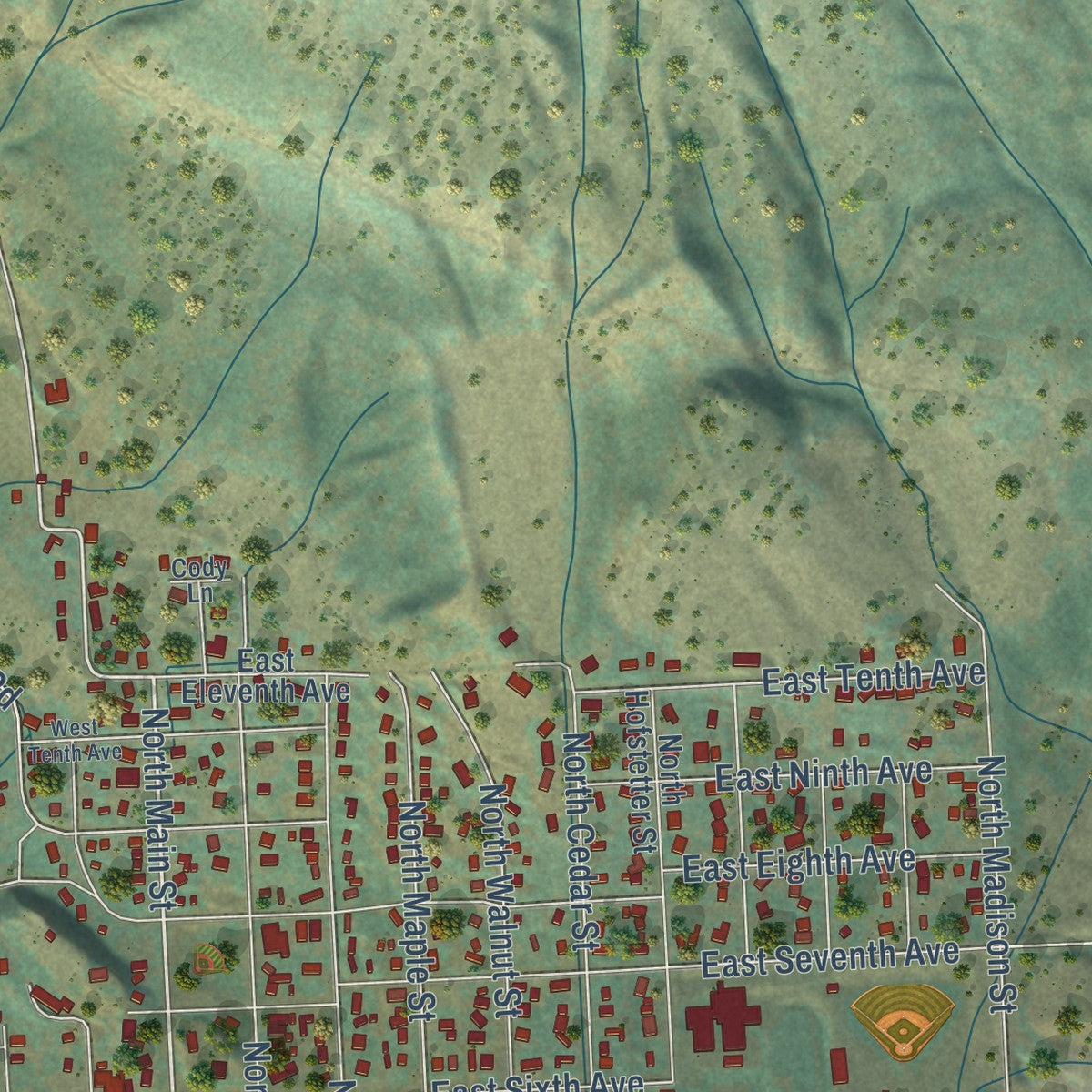 Second close-up of the map of Colville, Washington print showing more streets and buildings