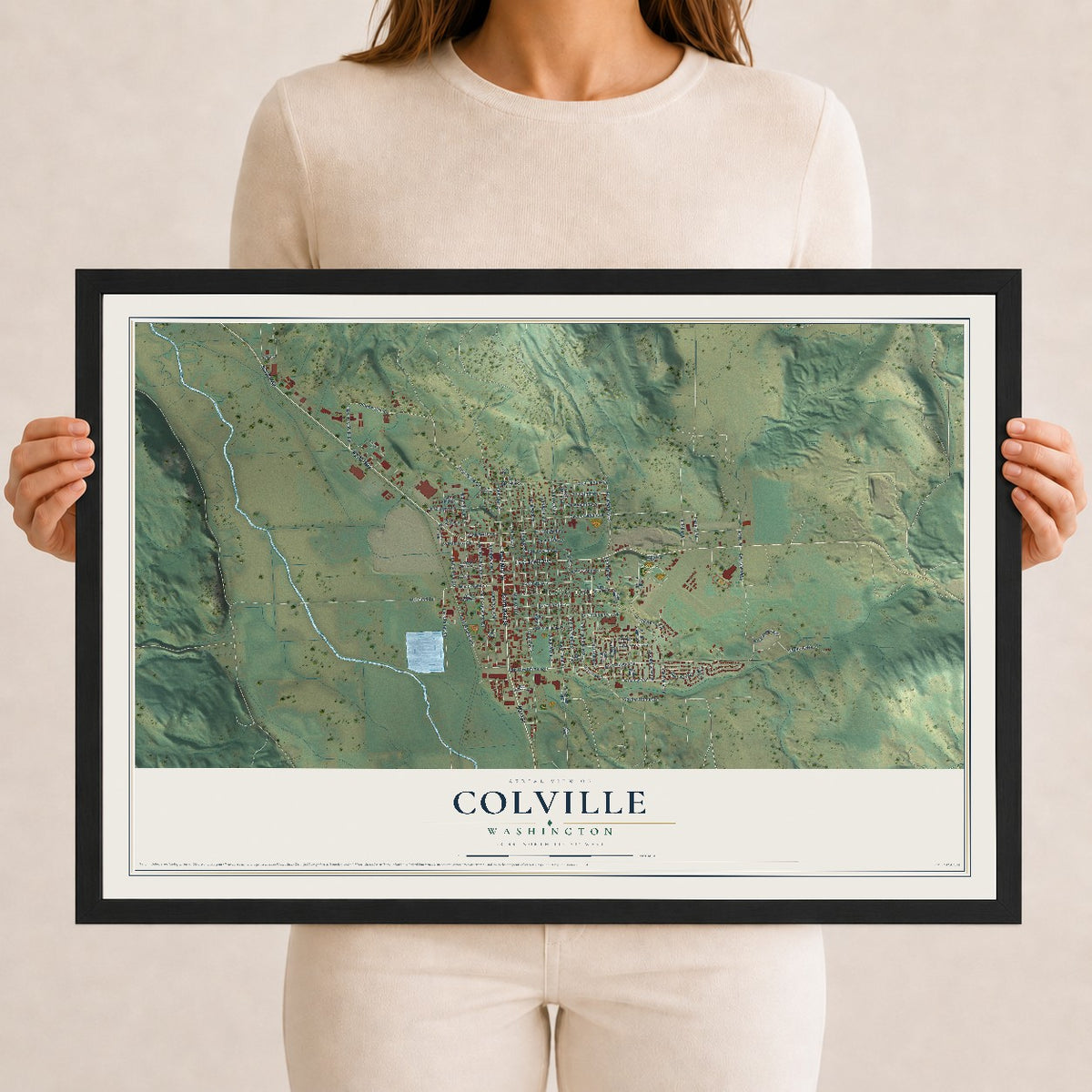 Map of Colville, Washington, 12 x 18 inch print in a black wood frame