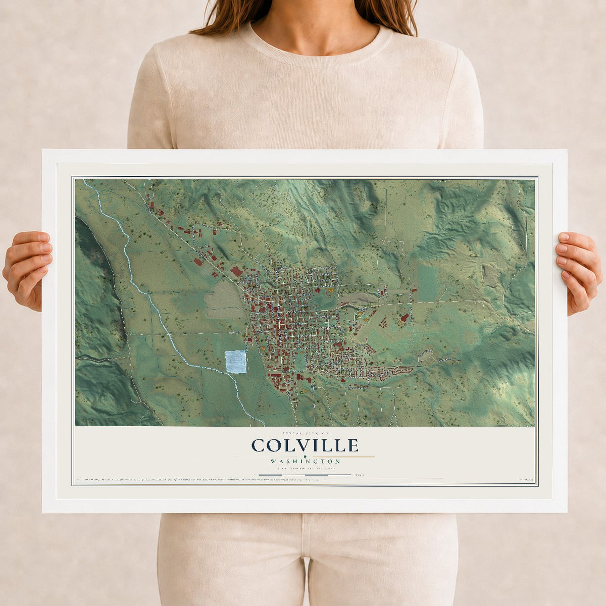 Map of Colville, Washington, 12 x 18 inch print in a white wood frame
