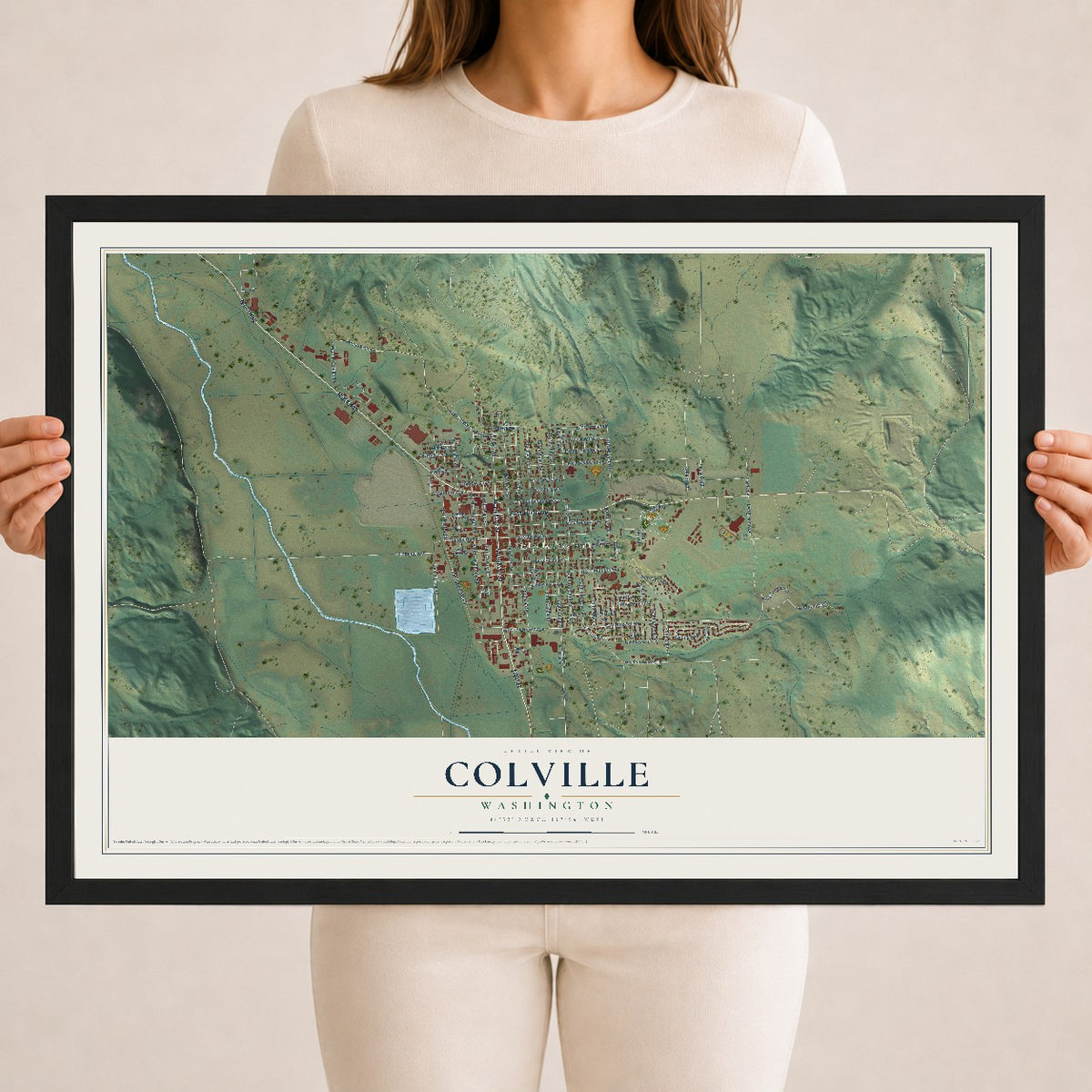 Map of Colville, Washington, 18 x 24 inch print in a black wood frame