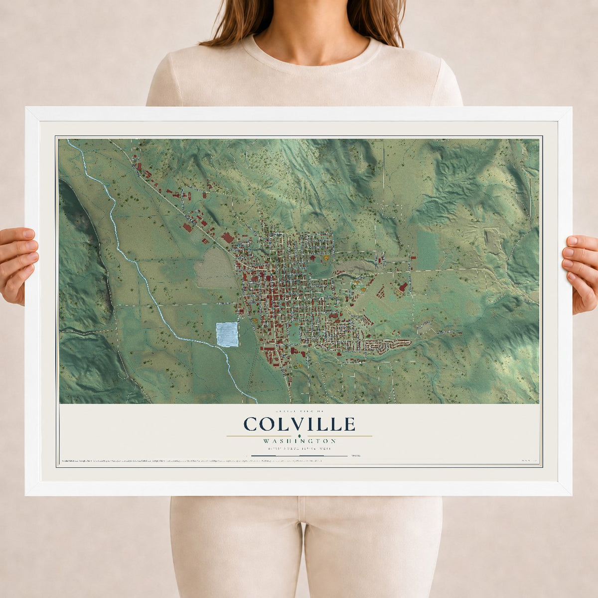 Map of Colville, Washington, 18 x 24 inch print in a white wood frame