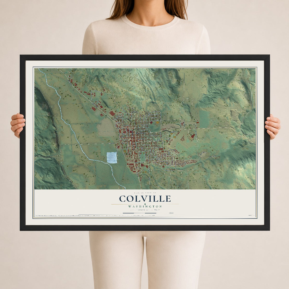 Map of Colville, Washington, 24 x 36 inch print in a black wood frame