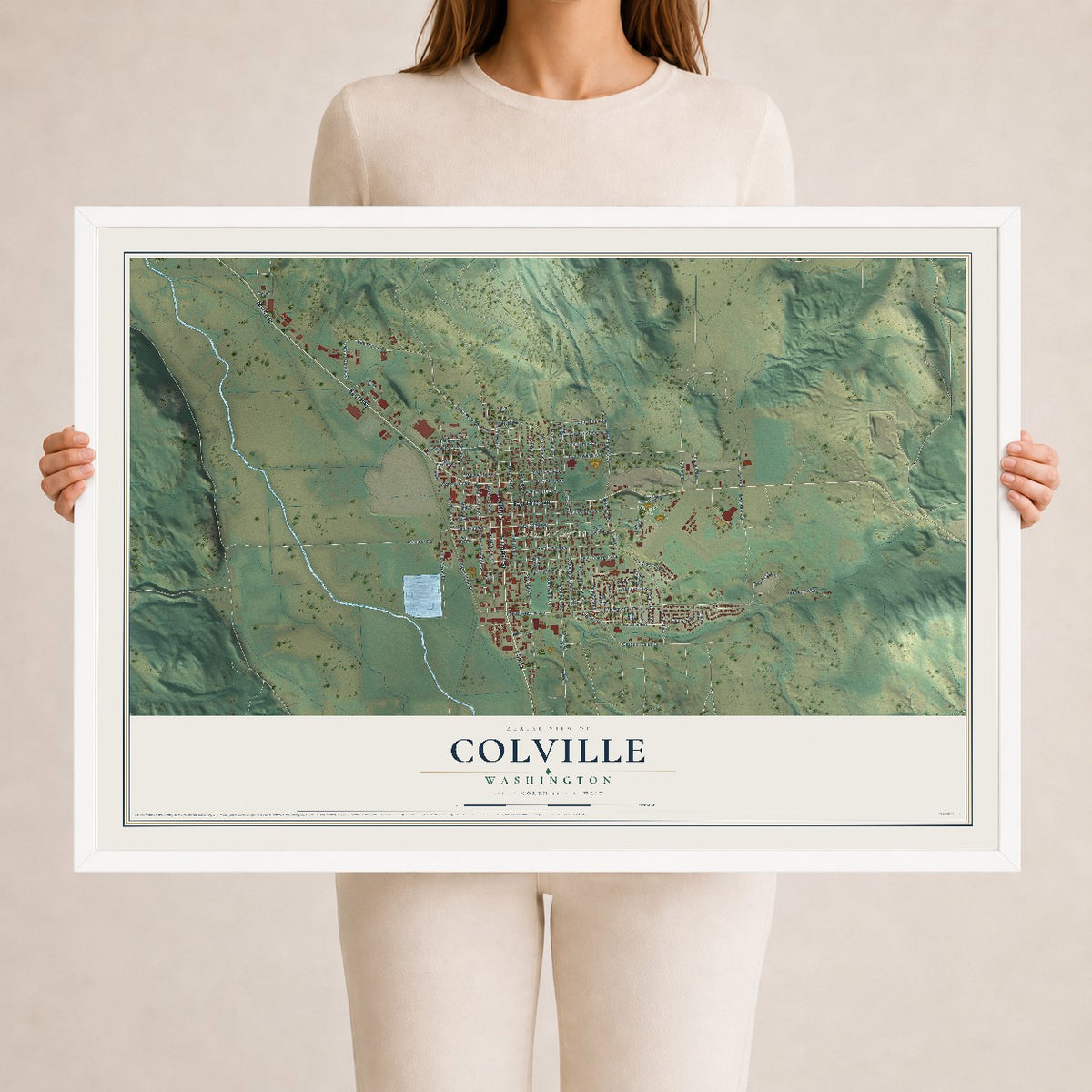 Map of Colville, Washington, 24 x 36 inch print in a white wood frame