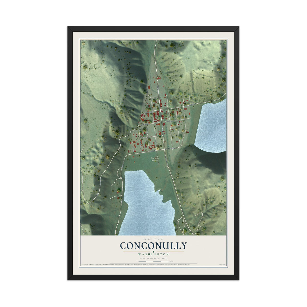 Map of Conconully, Washington, 12 x 18 inch print in a black wood frame