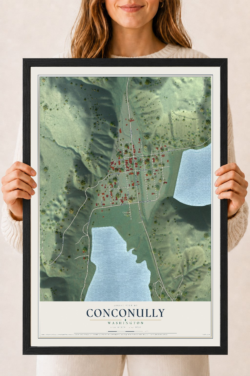 Map of Conconully, Washington, 18 x 24 inch print in a black wood frame