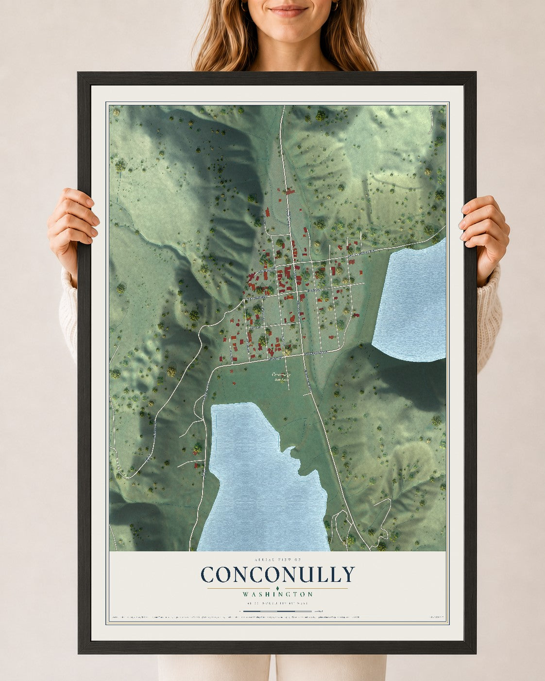 Map of Conconully, Washington, 24 x 36 inch print in a black wood frame