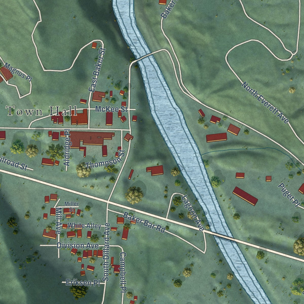 Close-up of the map of Concrete, Washington print showing street and building detail