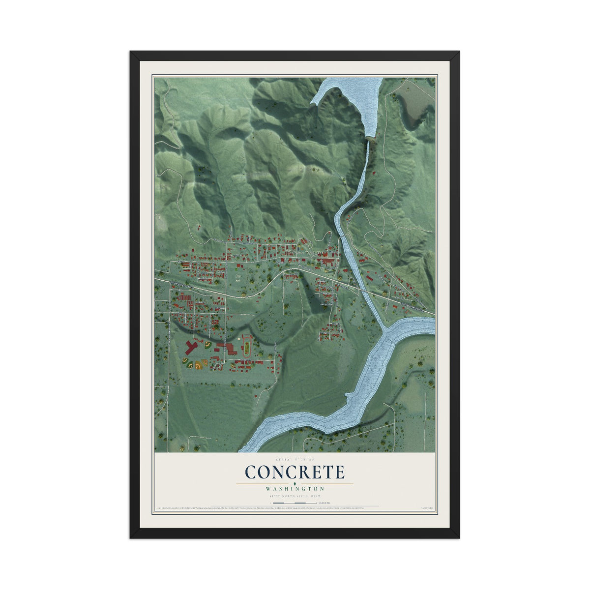 Map of Concrete, Washington, 12 x 18 inch print in a black wood frame