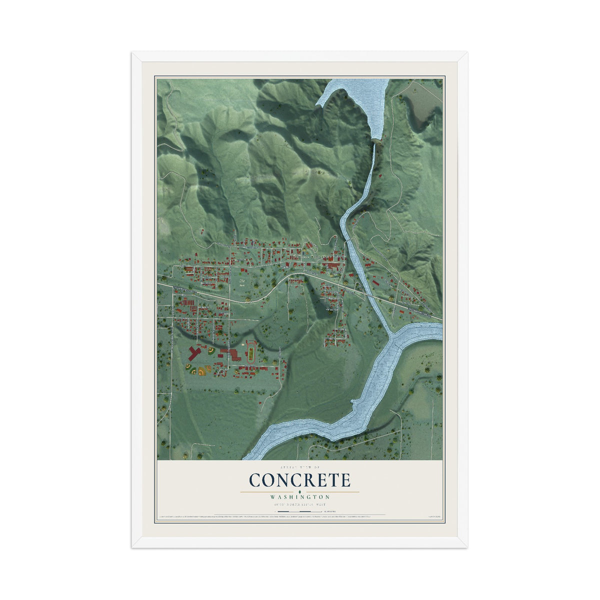 Map of Concrete, Washington, 12 x 18 inch print in a white wood frame