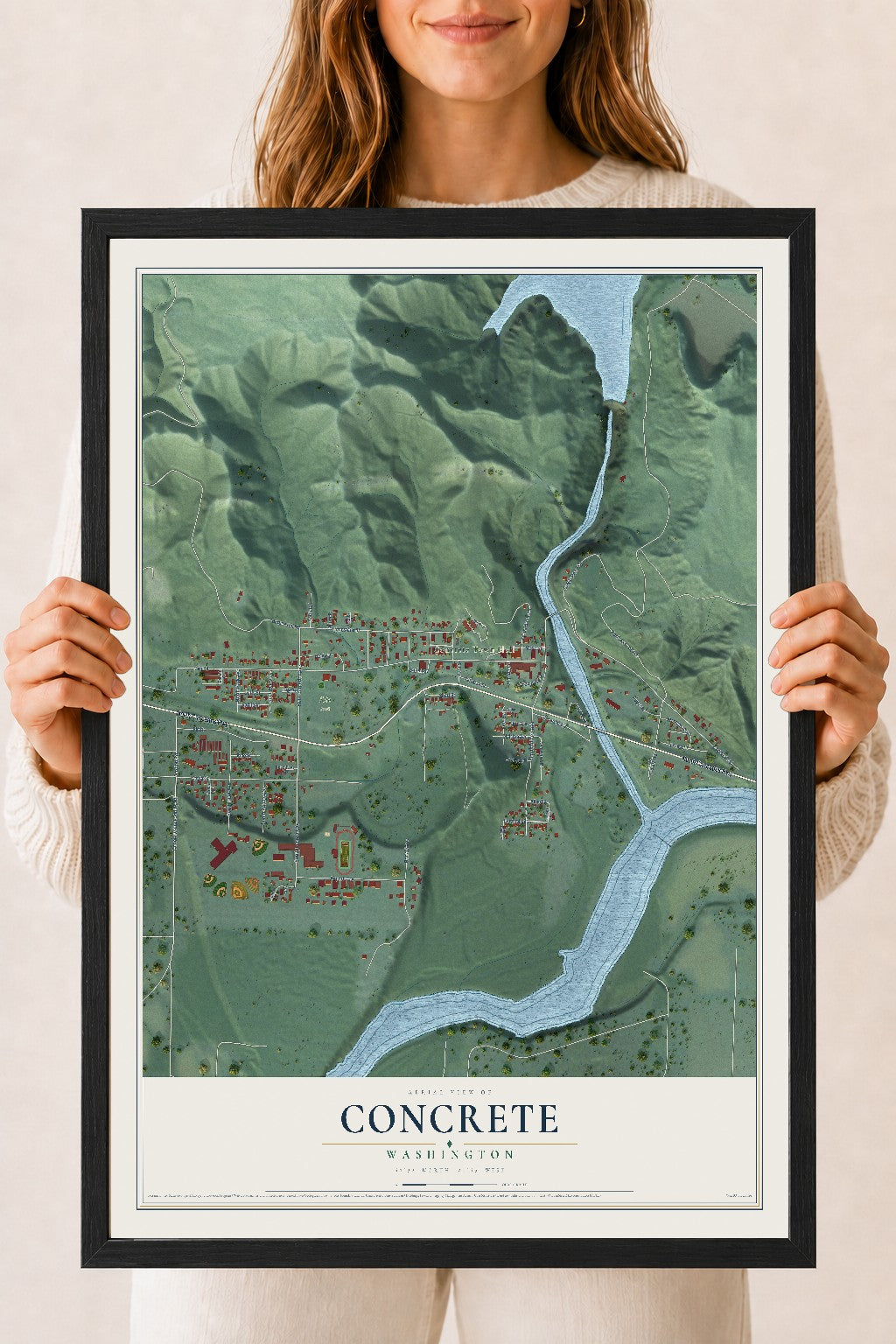 Map of Concrete, Washington, 18 x 24 inch print in a black wood frame