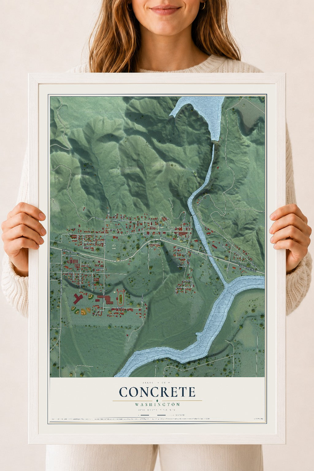 Map of Concrete, Washington, 18 x 24 inch print in a white wood frame