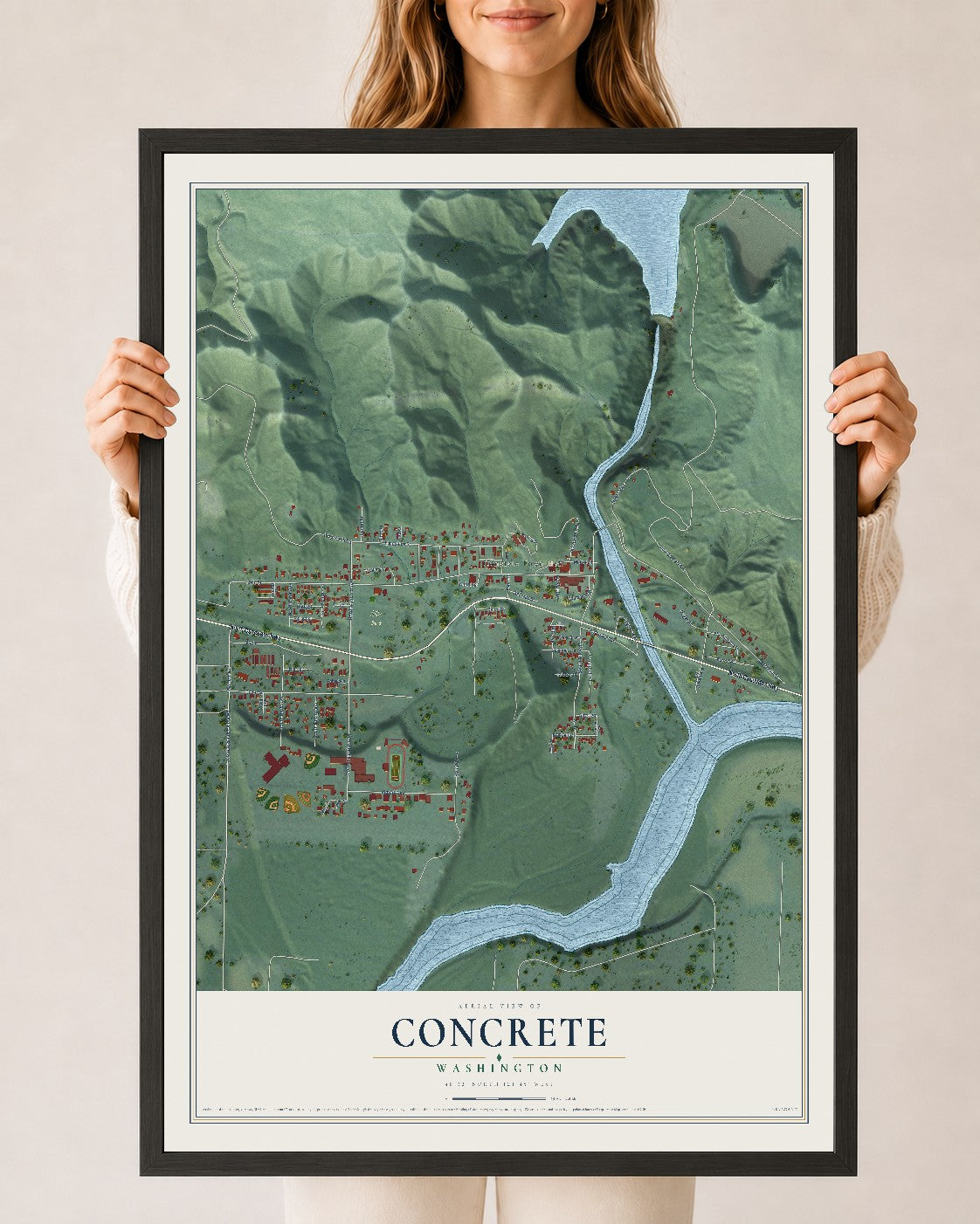 Map of Concrete, Washington, 24 x 36 inch print in a black wood frame