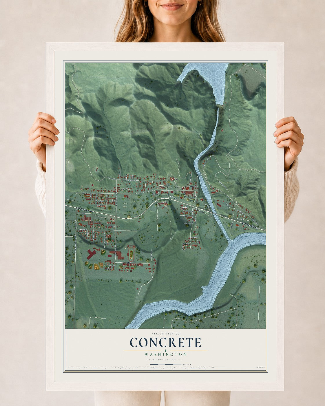 Map of Concrete, Washington, 24 x 36 inch print in a white wood frame
