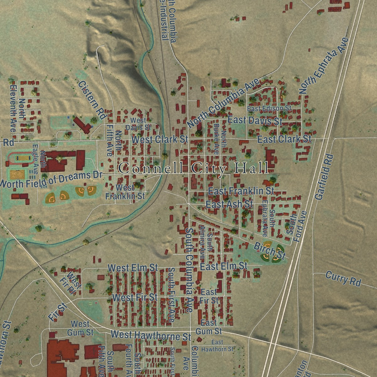 Close-up of the map of Connell, Washington print showing street and building detail