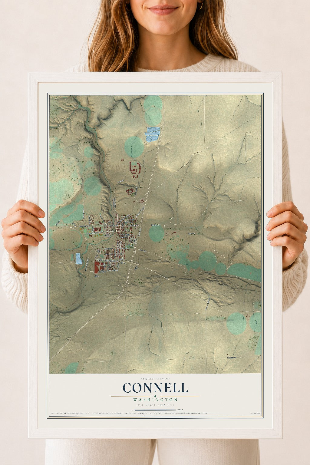 Map of Connell, Washington, 18 x 24 inch print in a white wood frame