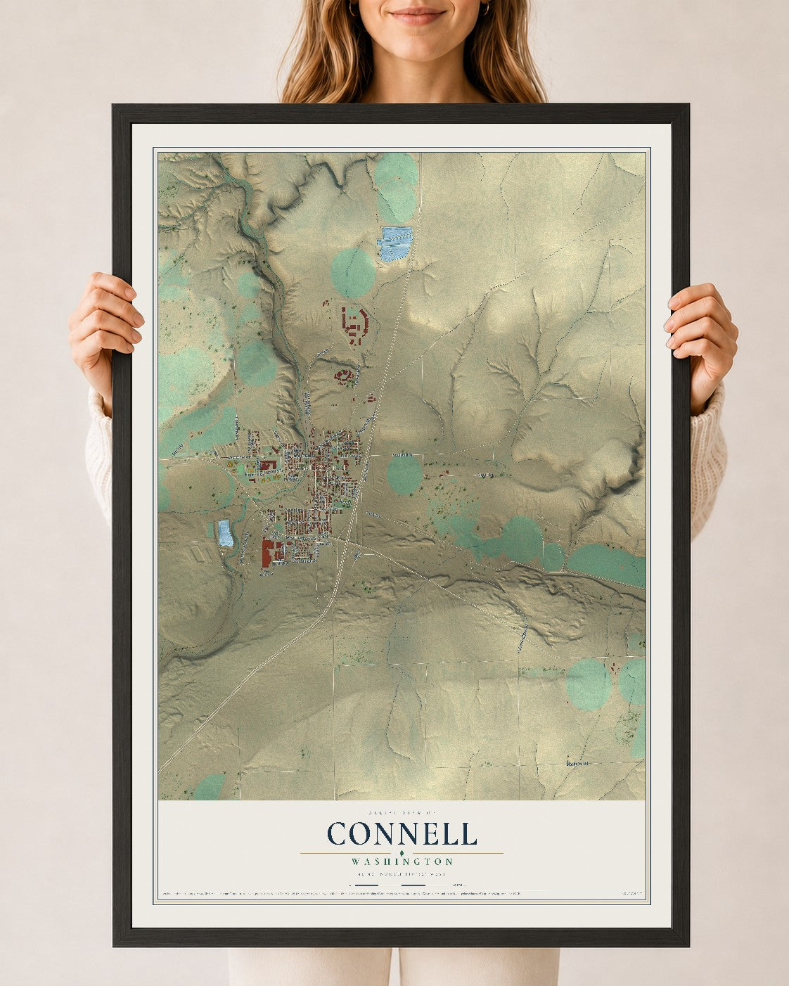 Map of Connell, Washington, 24 x 36 inch print in a black wood frame