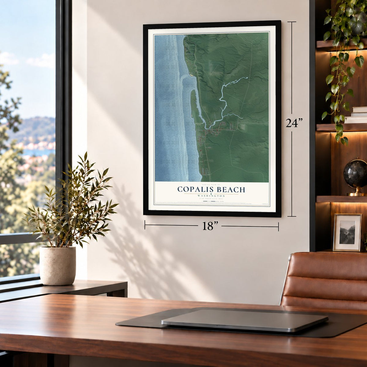 Copalis Beach, Washington map, 18 x 24 inch print in a black frame in a home office