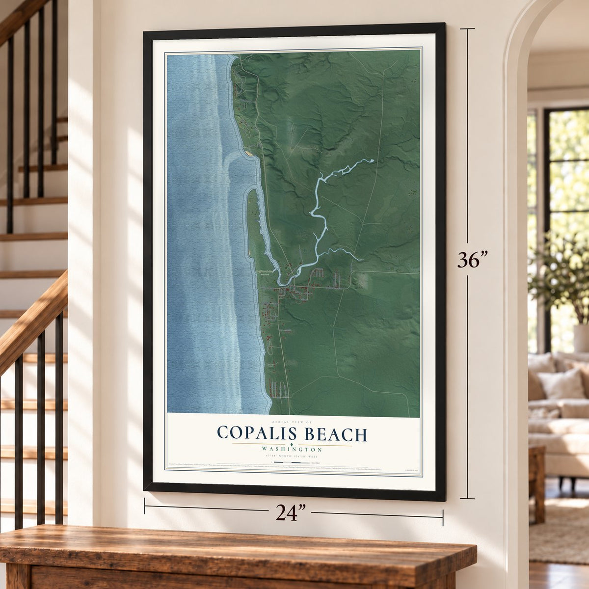 Copalis Beach, Washington map, 24 x 36 inch print in a black frame by a staircase