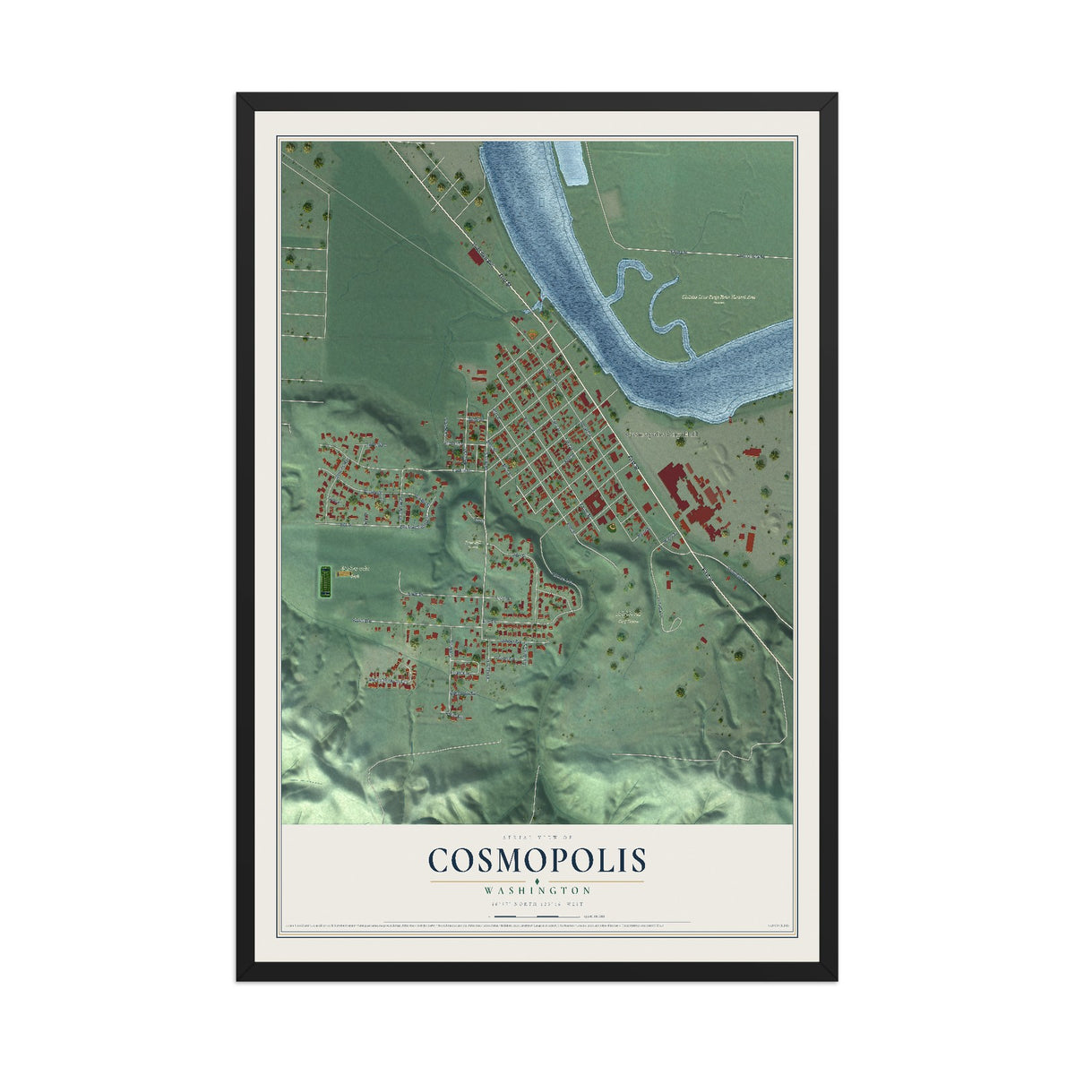 Map of Cosmopolis, Washington, 12 x 18 inch print in a black wood frame