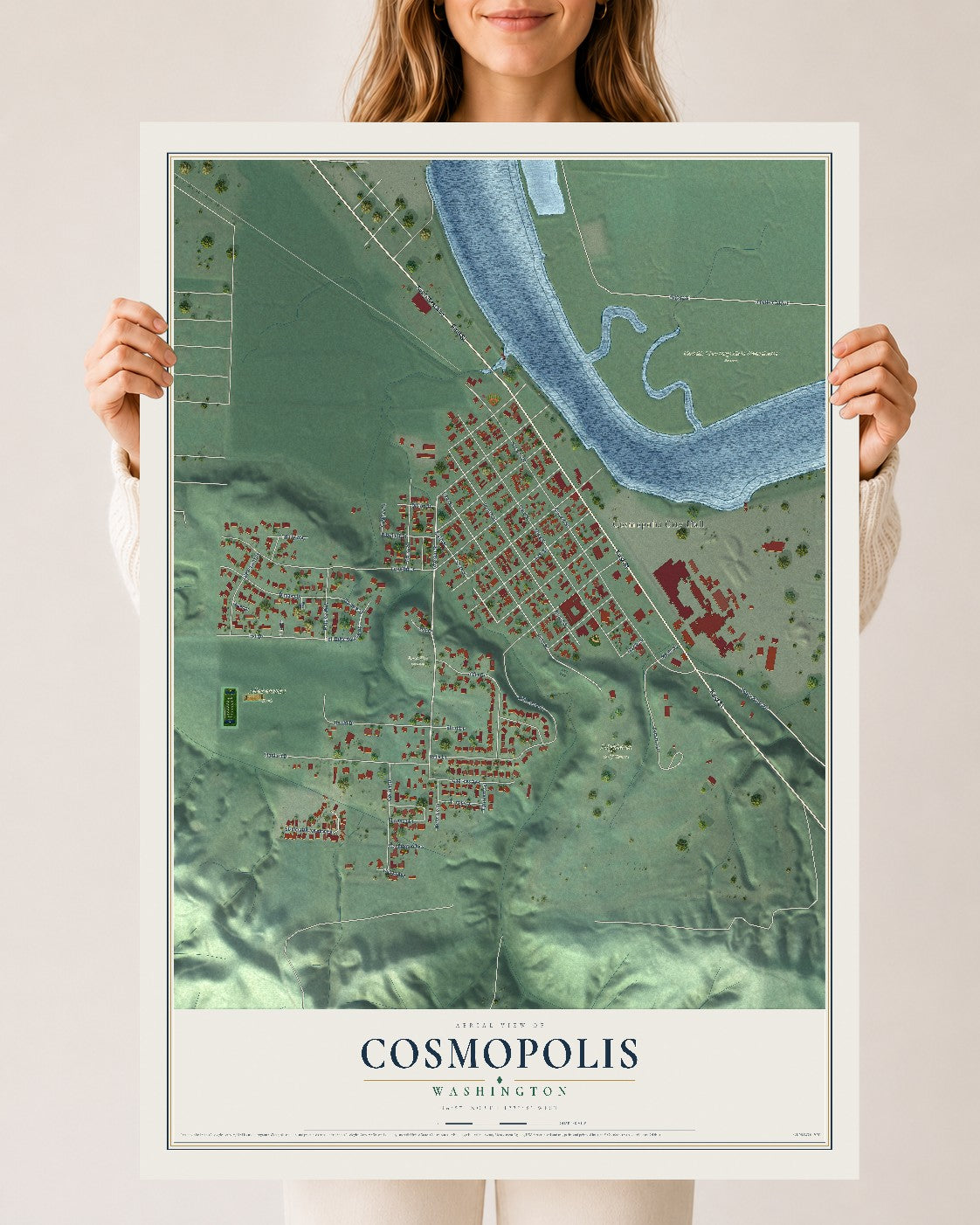 Map of Cosmopolis, Washington, 24 x 36 inch unframed archival matte print