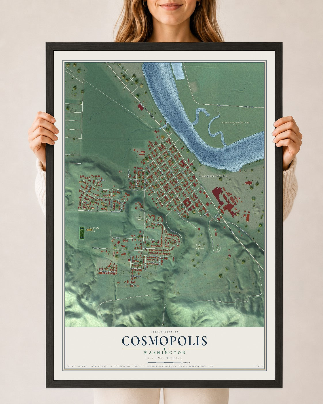 Map of Cosmopolis, Washington, 24 x 36 inch print in a black wood frame