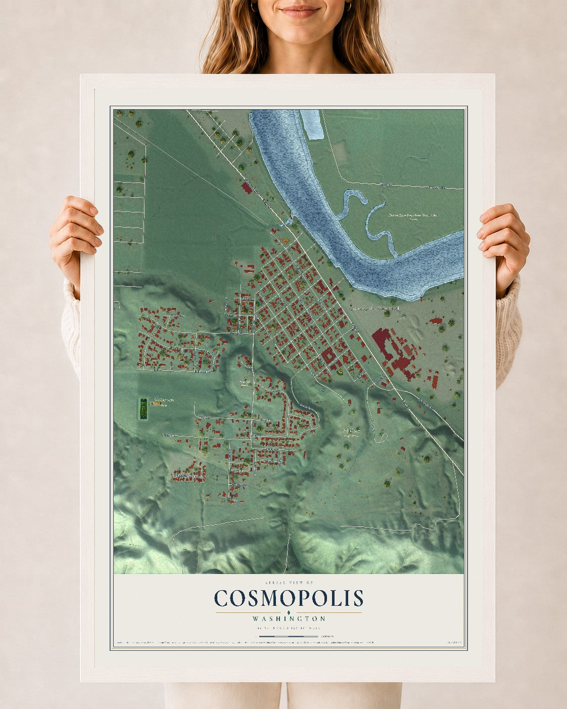 Map of Cosmopolis, Washington, 24 x 36 inch print in a white wood frame