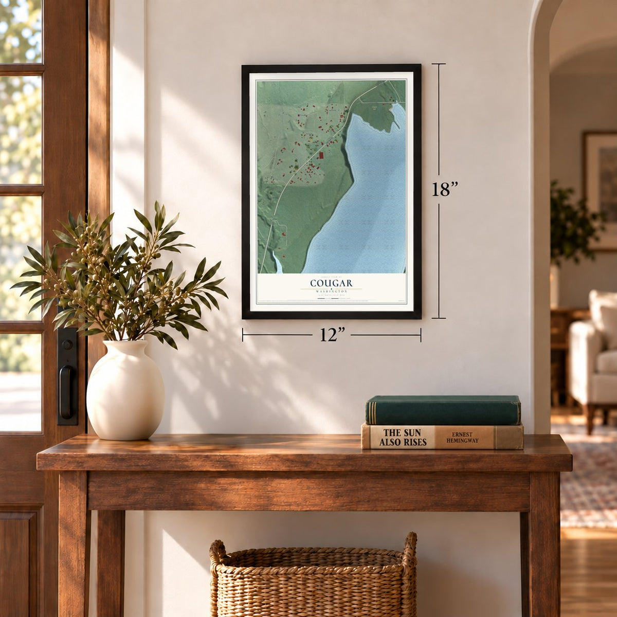 Cougar, Washington map, 12 x 18 inch print in a black frame in an entryway