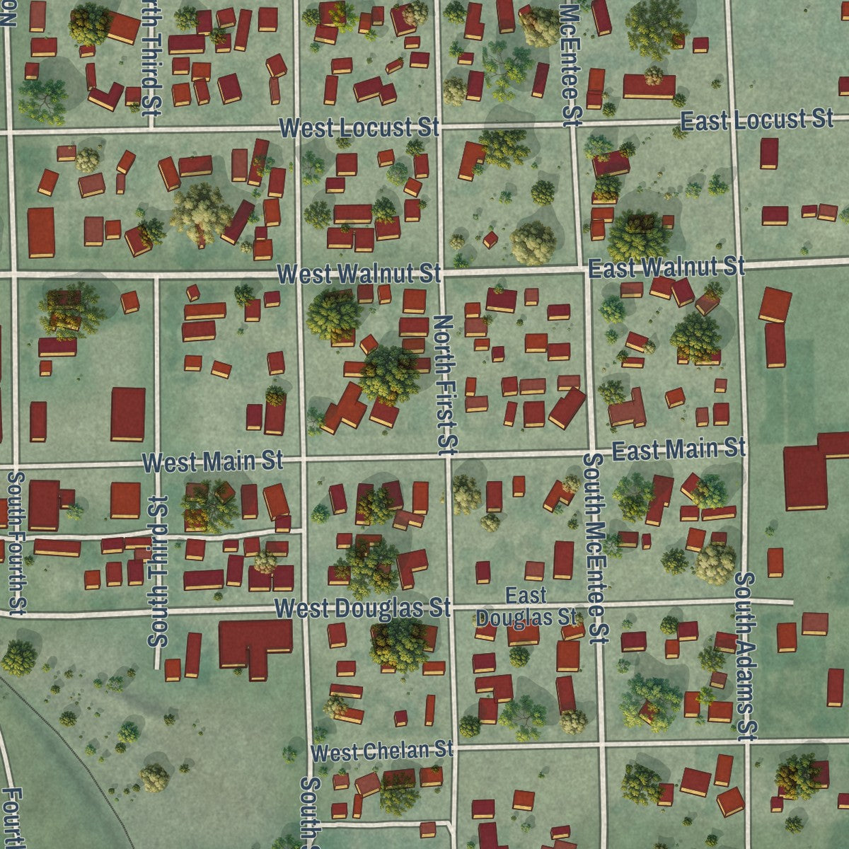 Close-up of the map of Coulee City, Washington print showing street and building detail