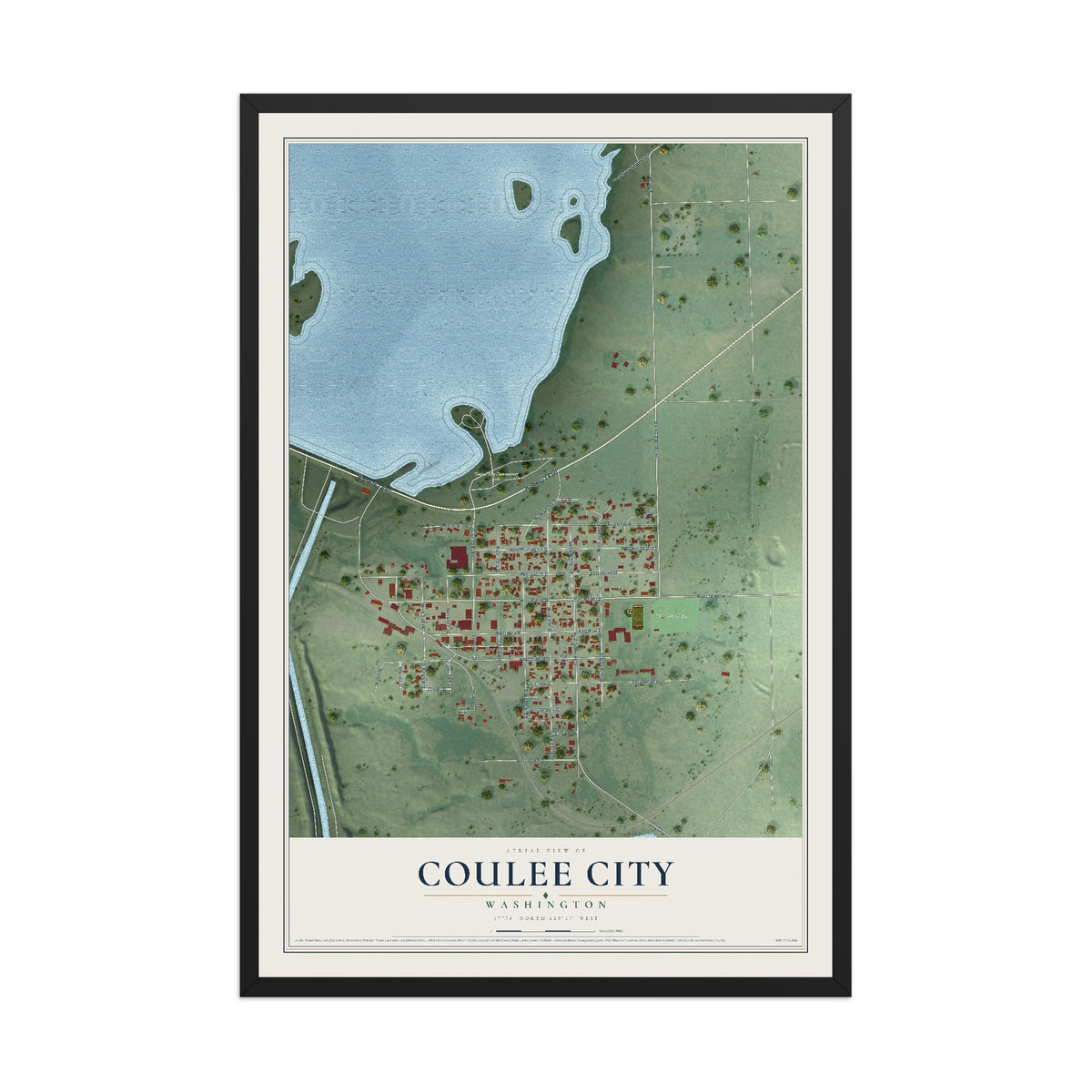 Map of Coulee City, Washington, 12 x 18 inch print in a black wood frame