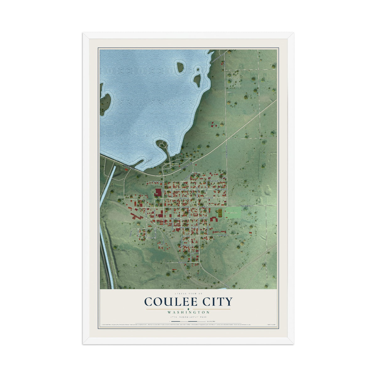 Map of Coulee City, Washington, 12 x 18 inch print in a white wood frame