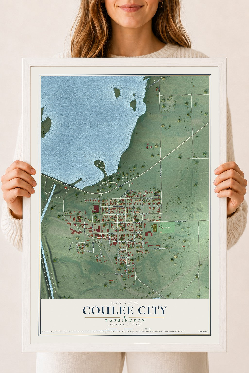 Map of Coulee City, Washington, 18 x 24 inch print in a white wood frame