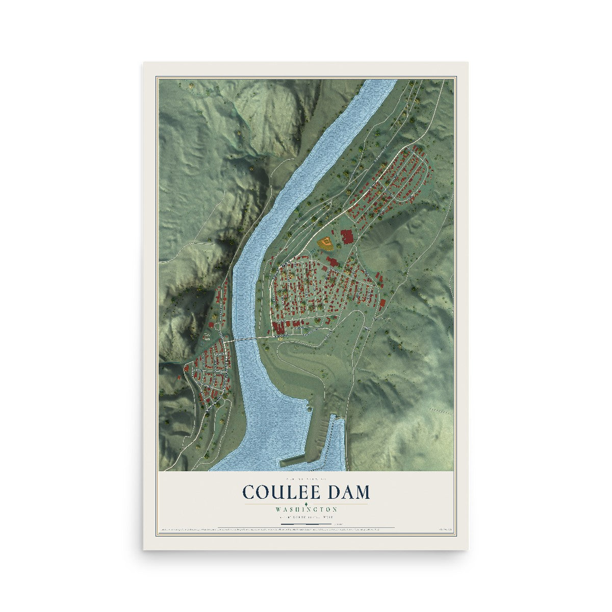 Map of Coulee Dam, Washington, 12 x 18 inch unframed archival matte print