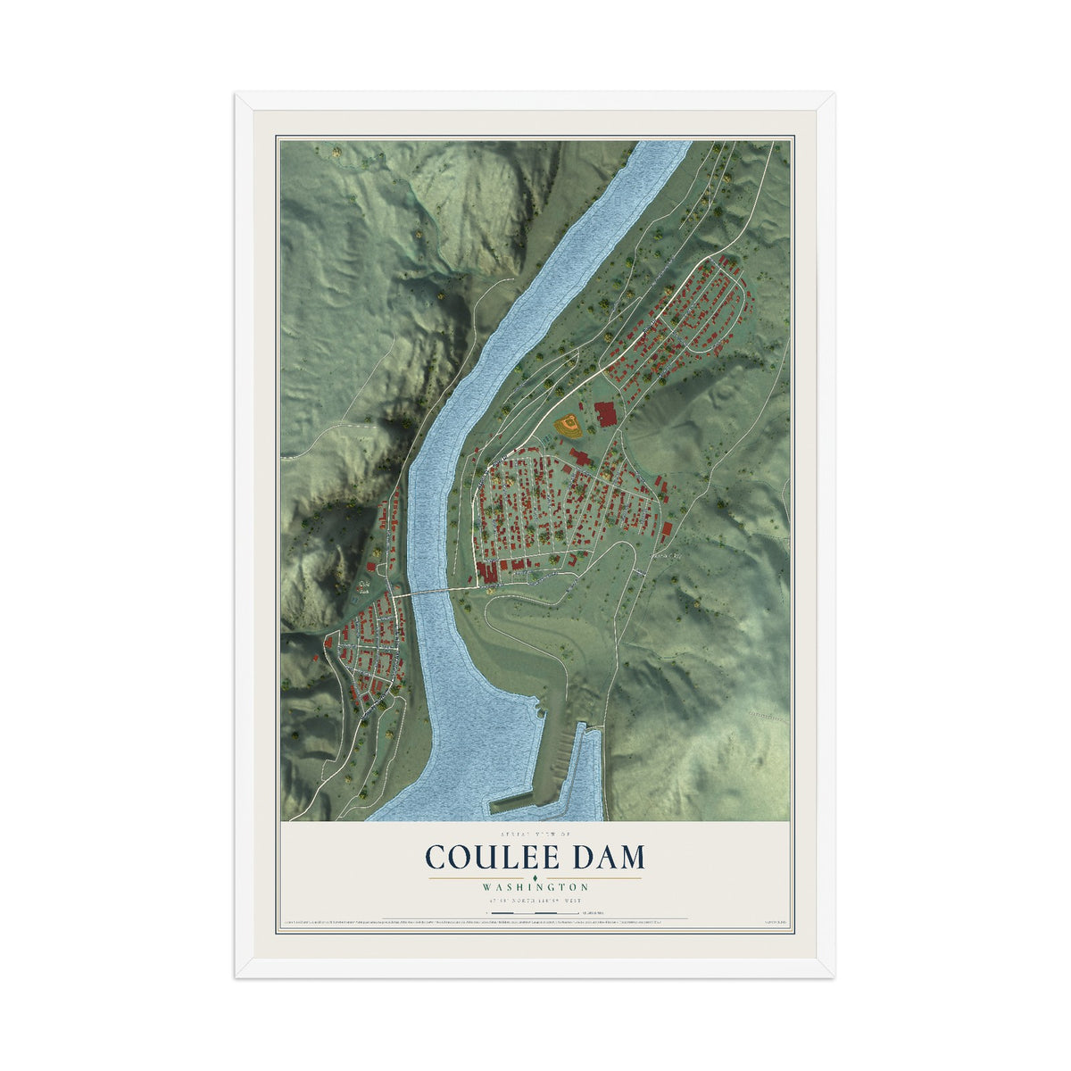 Map of Coulee Dam, Washington, 12 x 18 inch print in a white wood frame