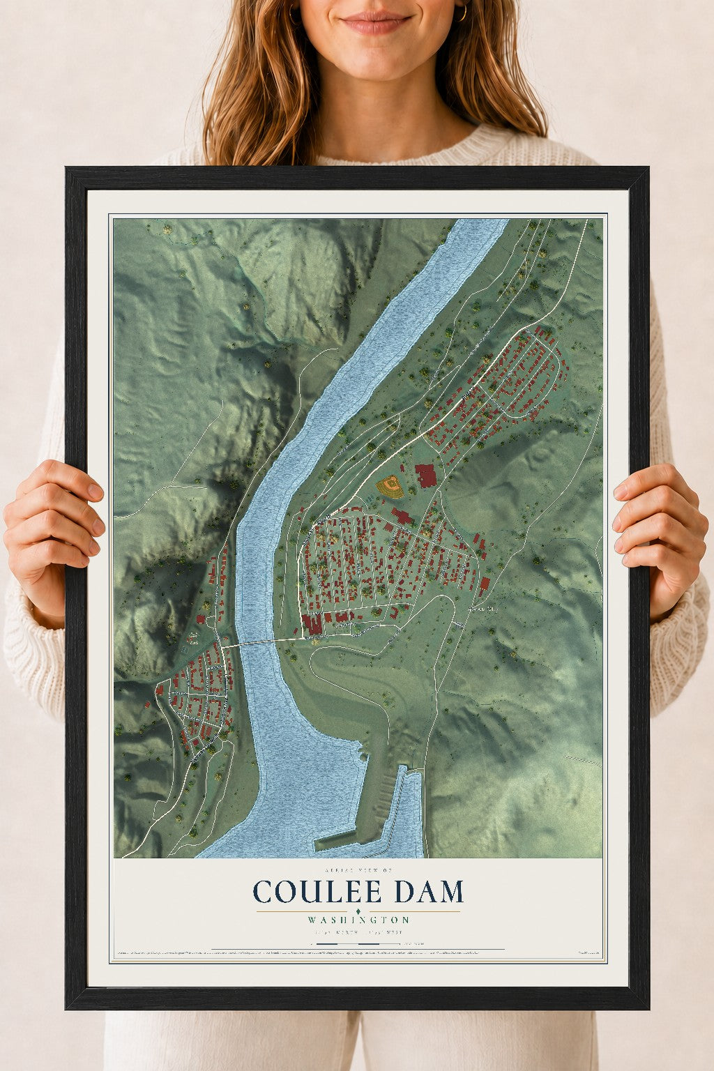 Map of Coulee Dam, Washington, 18 x 24 inch print in a black wood frame