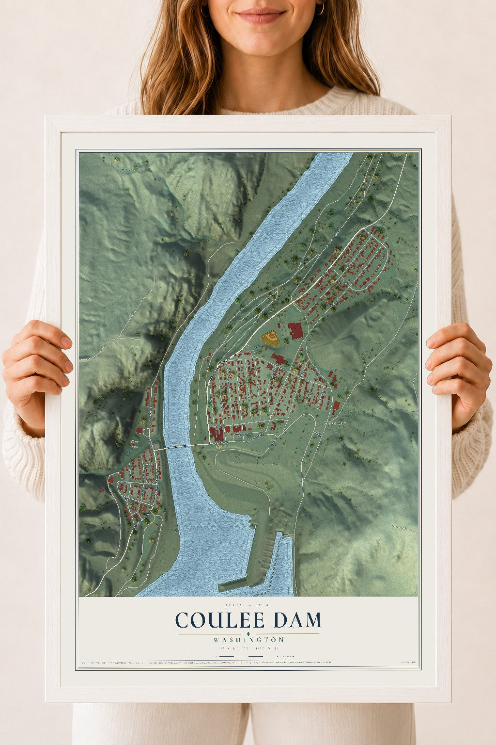 Map of Coulee Dam, Washington, 18 x 24 inch print in a white wood frame