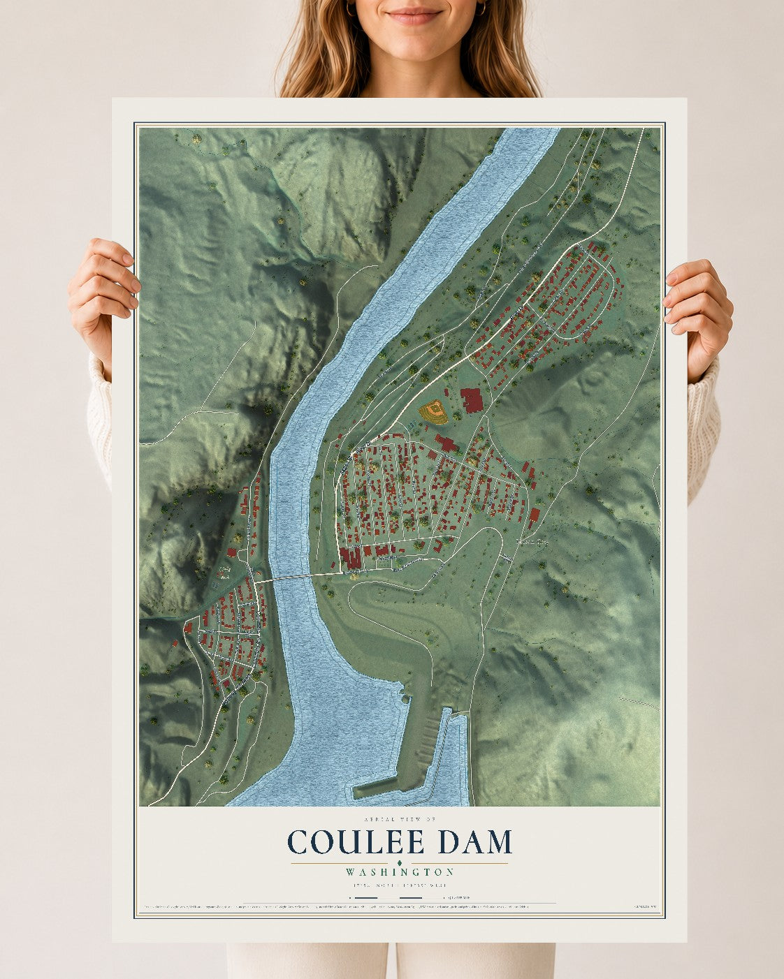 Map of Coulee Dam, Washington, 24 x 36 inch unframed archival matte print