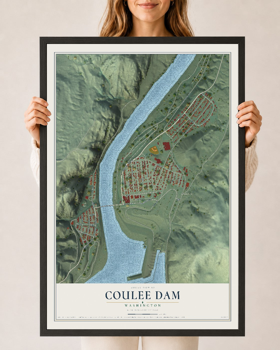 Map of Coulee Dam, Washington, 24 x 36 inch print in a black wood frame