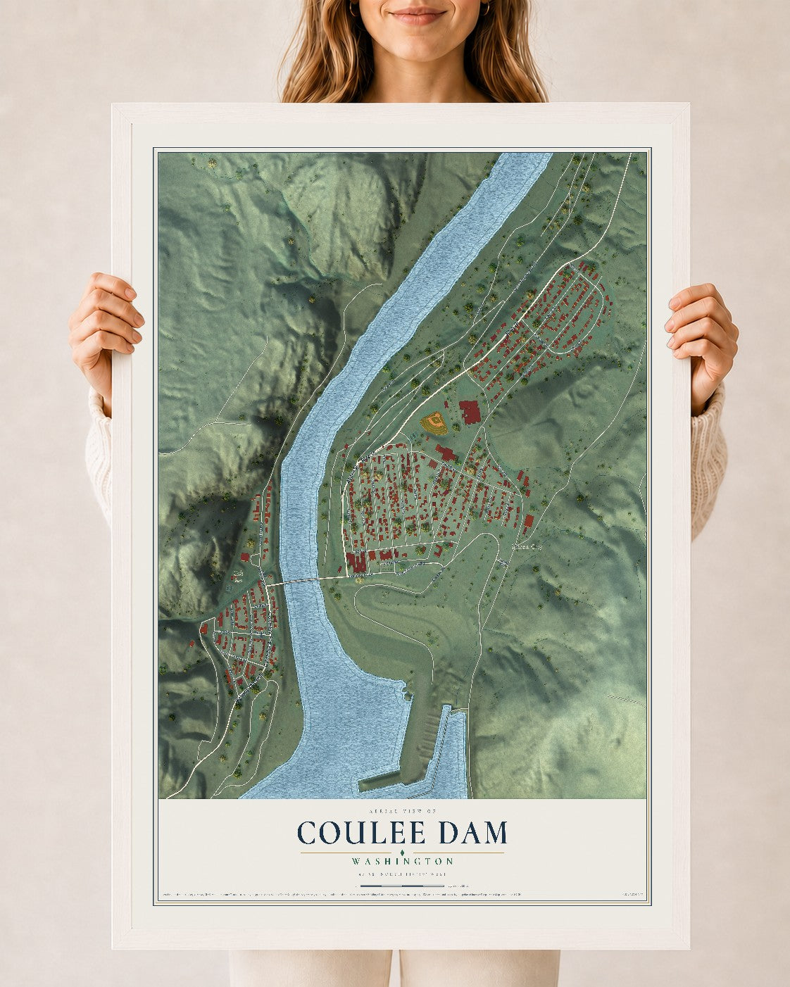 Map of Coulee Dam, Washington, 24 x 36 inch print in a white wood frame