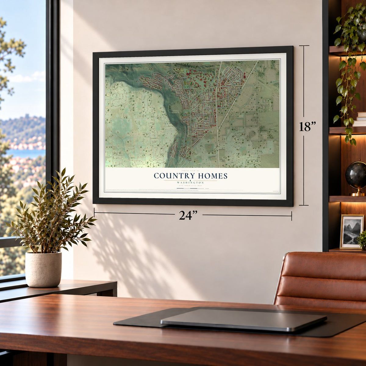 Country Homes, Washington map, 18 x 24 inch print in a black frame in a home office