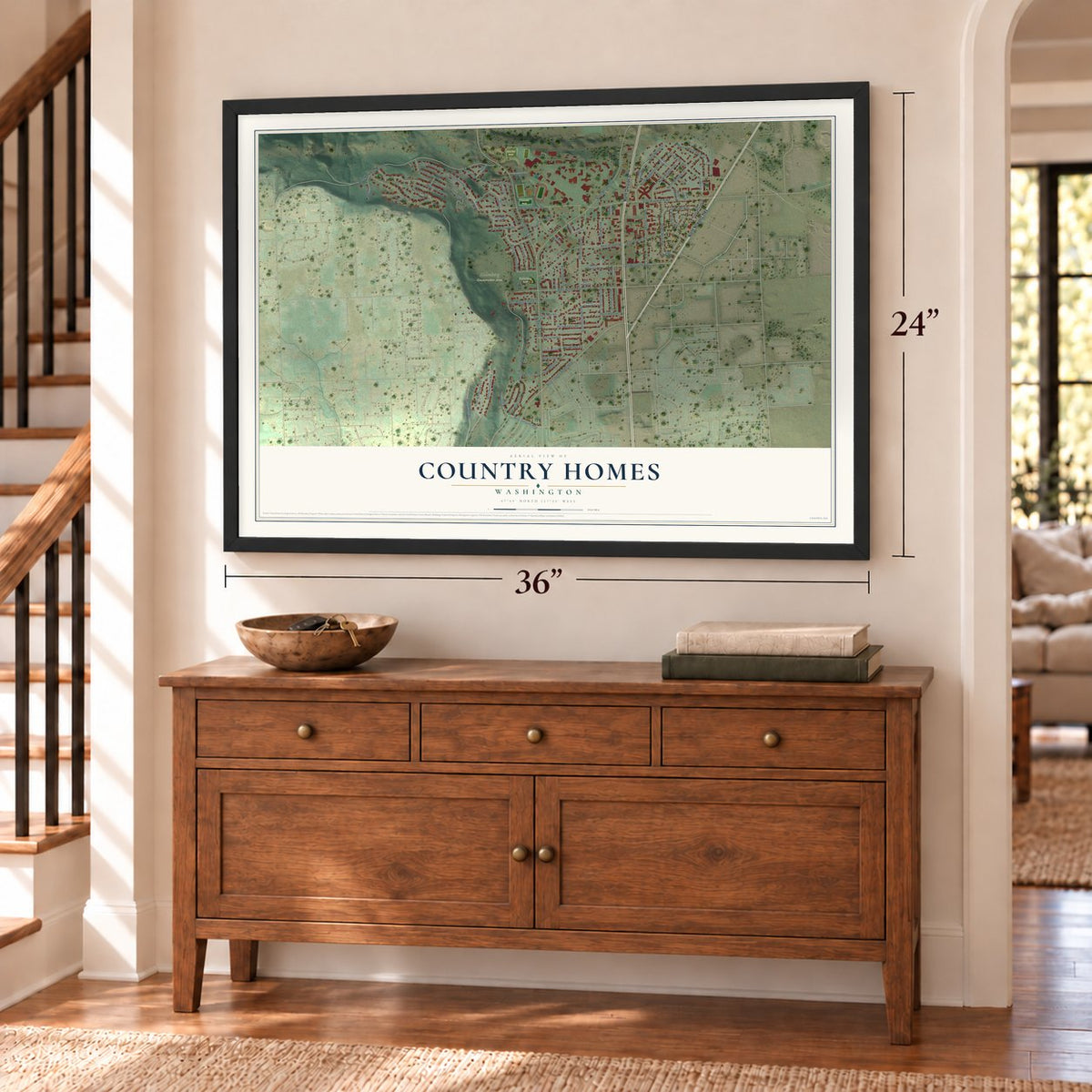 Country Homes, Washington map, 24 x 36 inch print in a black frame above a dresser by a staircase