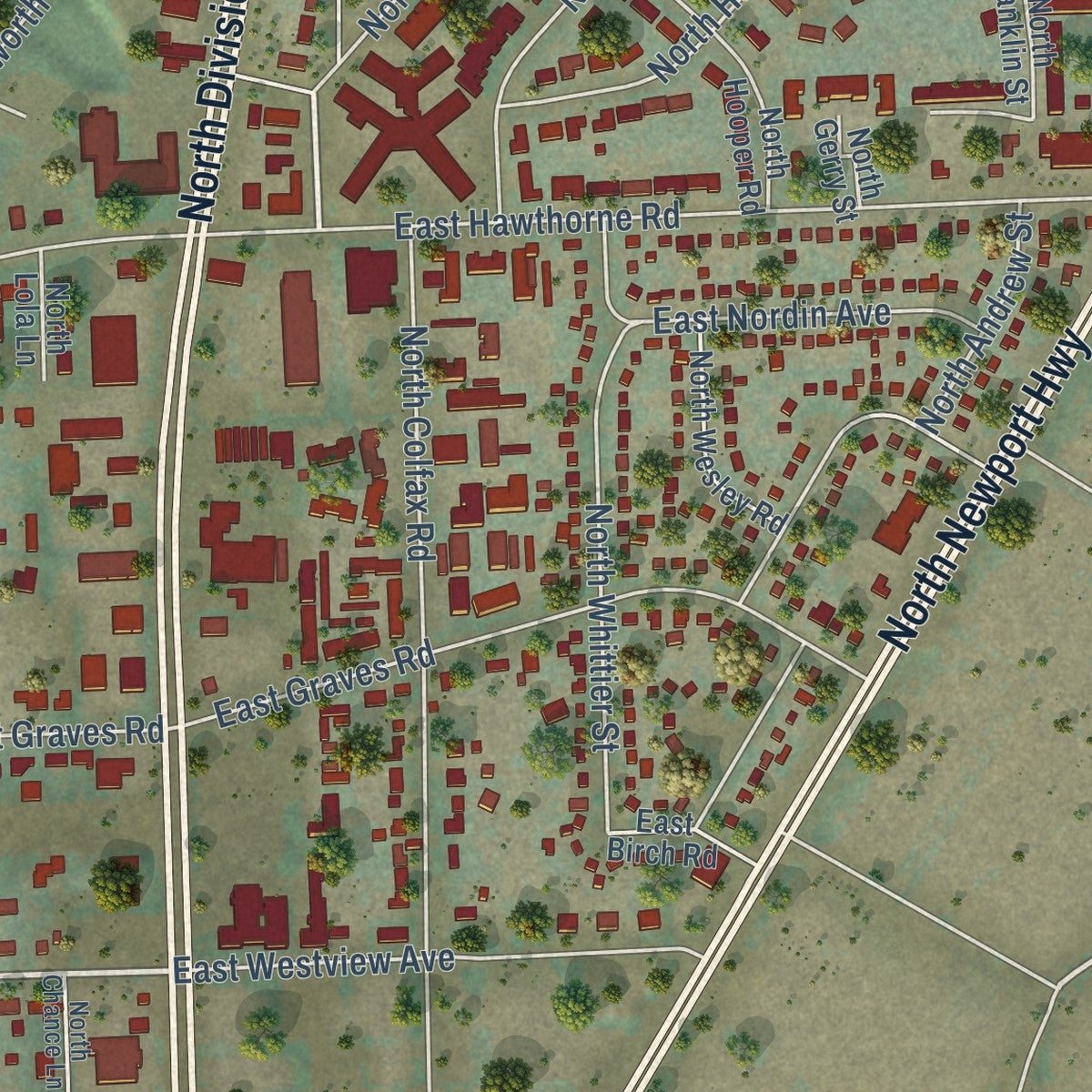 Close-up of the map of Country Homes, Washington print showing street and building detail