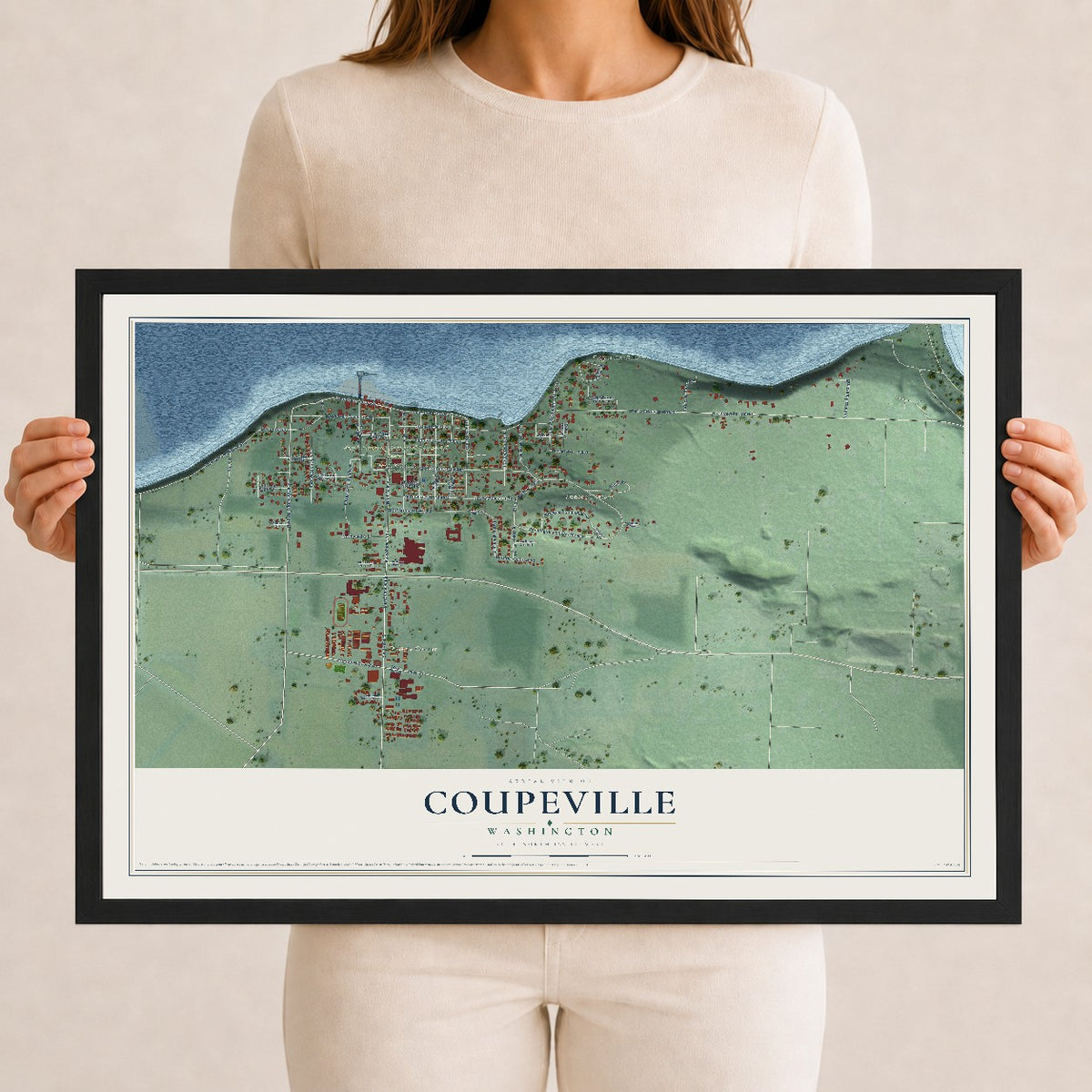 Map of Coupeville, Washington, 12 x 18 inch print in a black wood frame