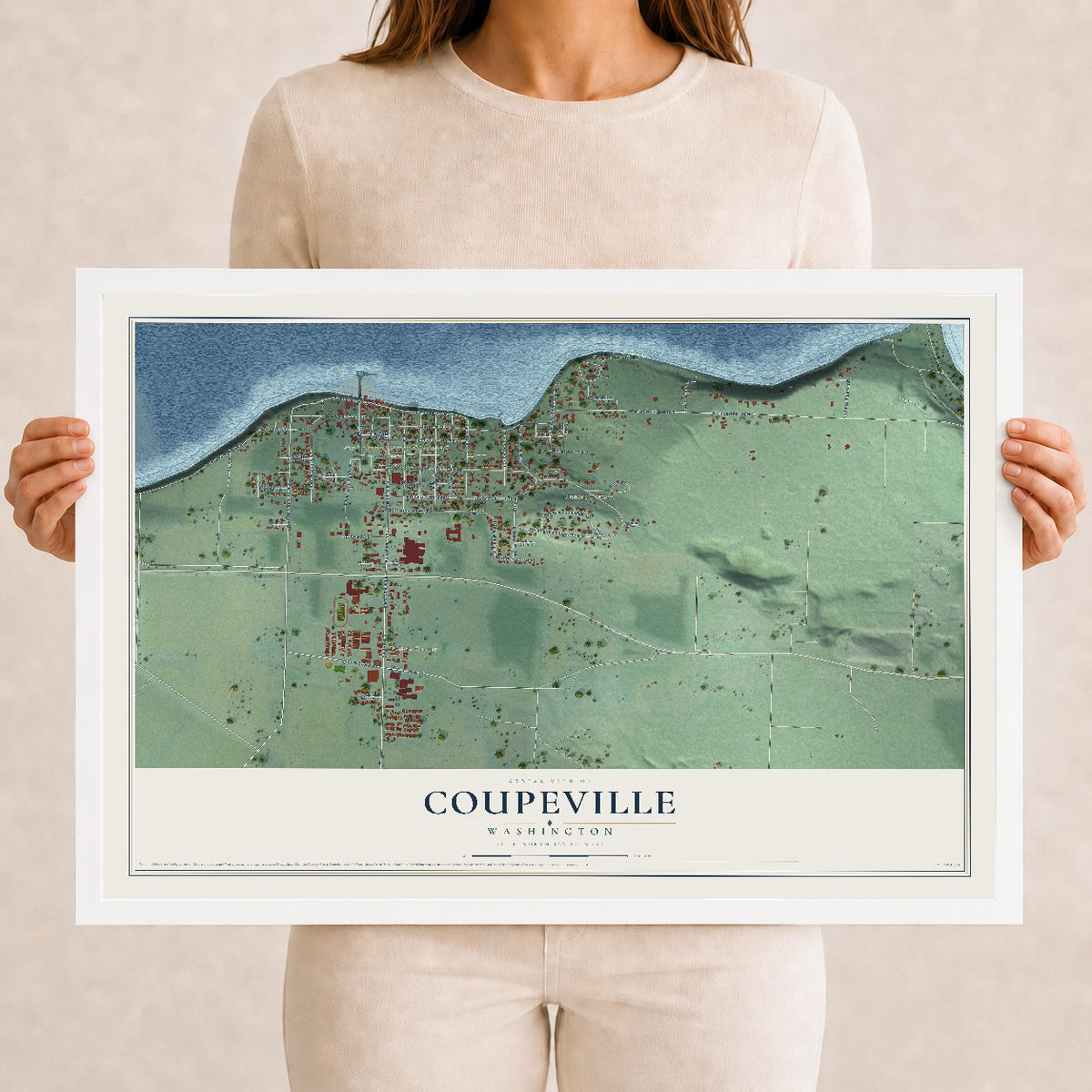 Map of Coupeville, Washington, 12 x 18 inch print in a white wood frame