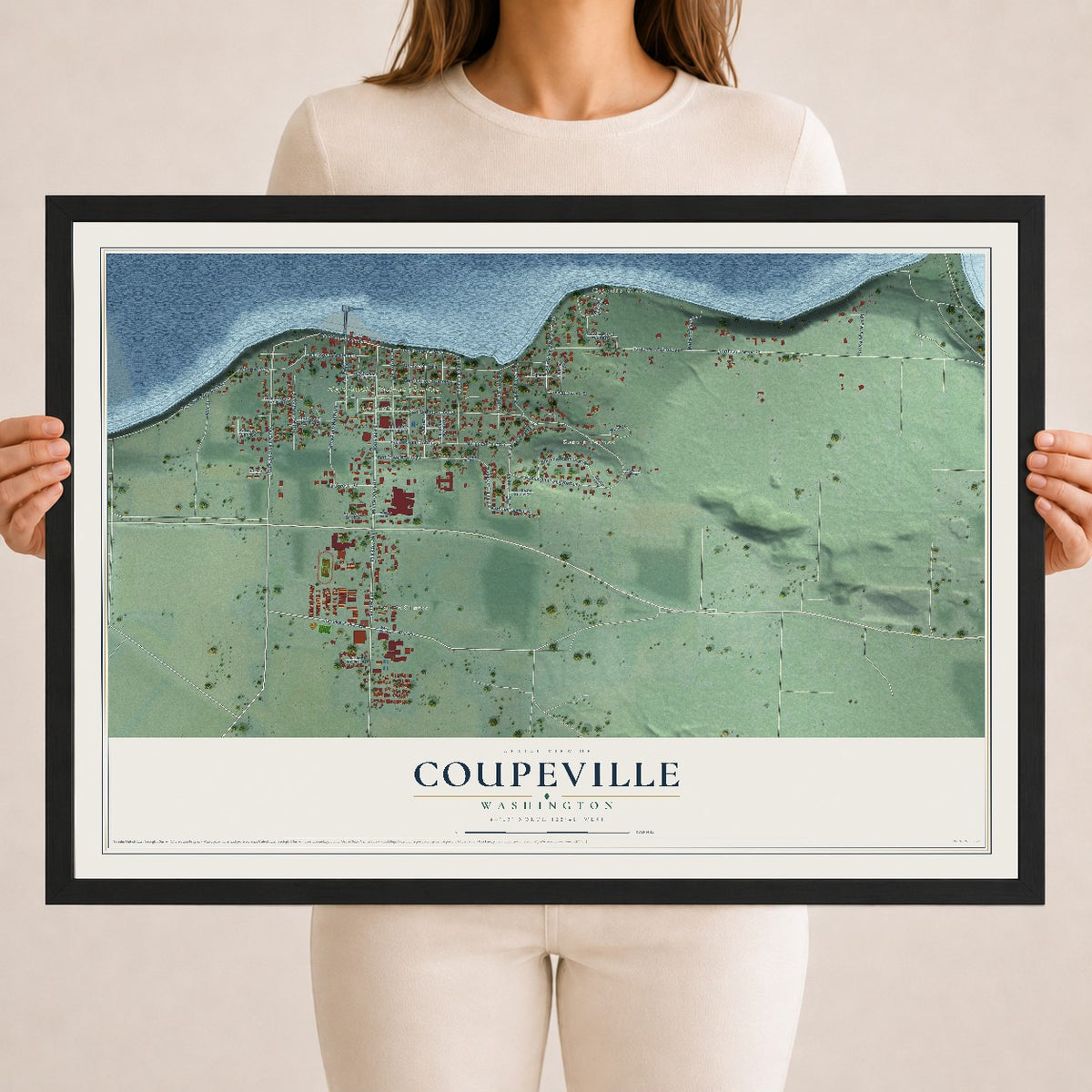 Map of Coupeville, Washington, 18 x 24 inch print in a black wood frame