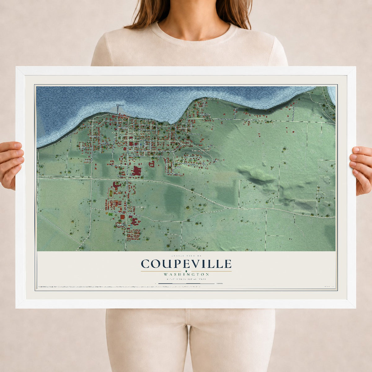 Map of Coupeville, Washington, 18 x 24 inch print in a white wood frame