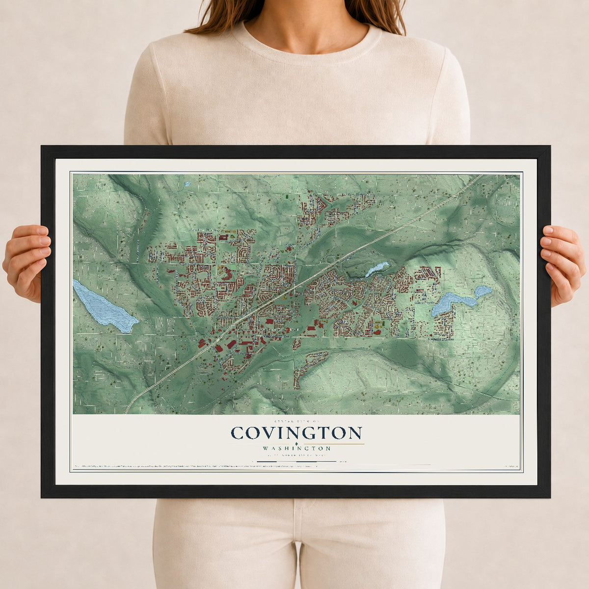 Map of Covington, Washington, 12 x 18 inch print in a black wood frame