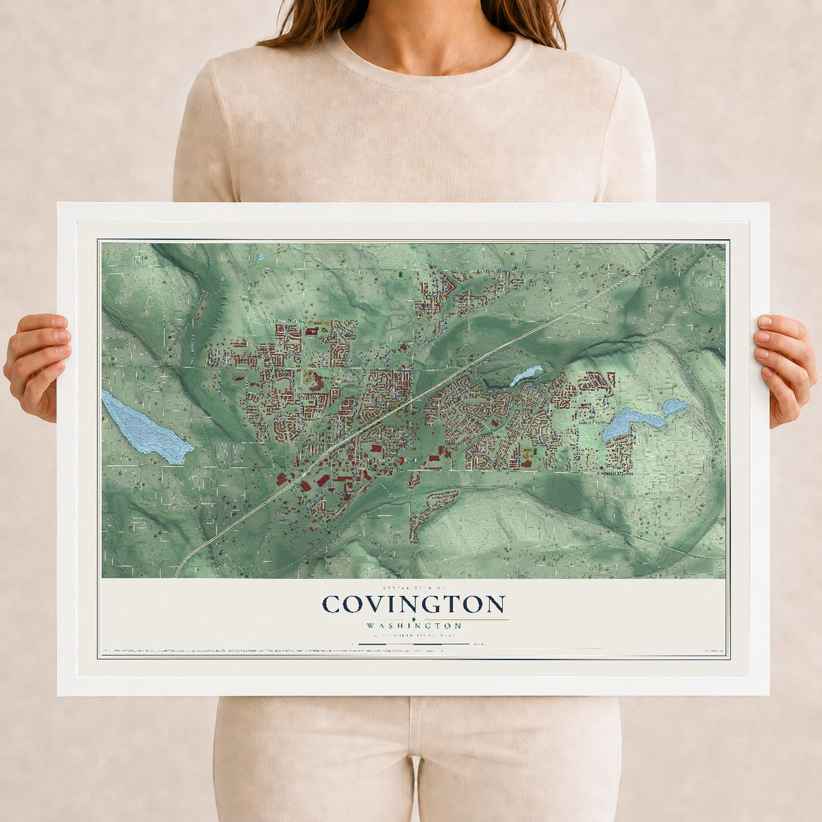 Map of Covington, Washington, 12 x 18 inch print in a white wood frame
